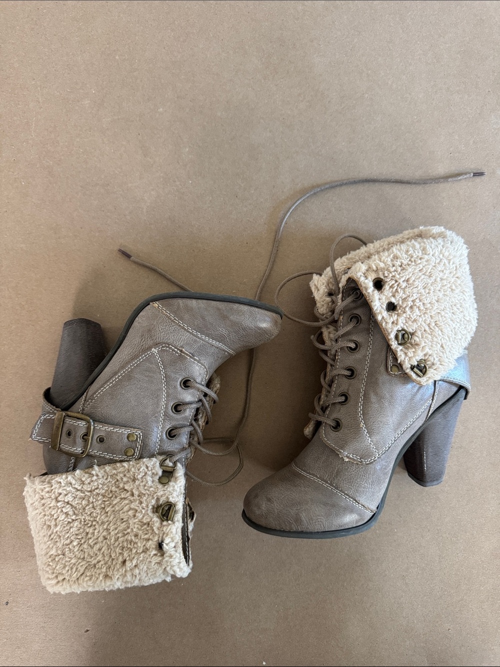 Nine West Taupe Lace-Up Faux-Shearling Fold-Over Block Heel Booties-Read Flaw